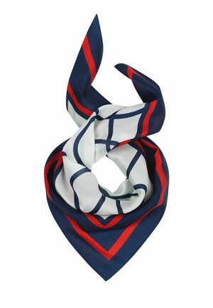Silk scarf with a navy blue base, red border, and white center featuring navy blue geometric lines, folded into a loose knot.