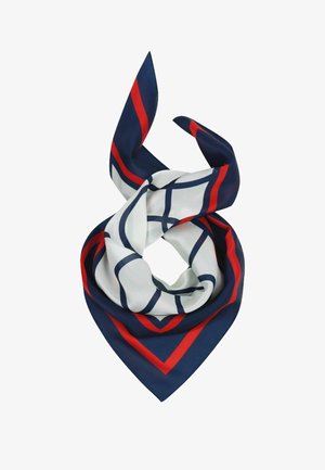 Silk scarf with a navy blue base, red border, and white center featuring navy blue geometric lines, folded into a loose knot.