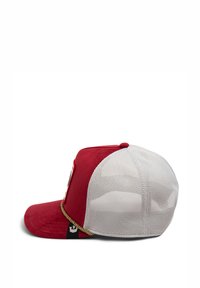 Red cap with a mesh back, flat visor, and gold cord accent. Features a logo on the side and a rounded top with a textured finish.