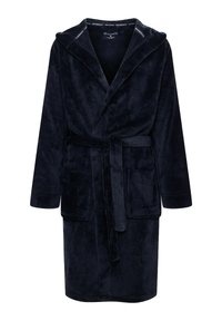 Granatowy polarowy szlafrok z kapturem, długimi rękawami, dwoma przednimi kieszeniami i pasującym paskiem. Miękka tekstura z gładkim wykończeniem.