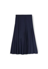 Fustă midi navy, realizată dintr-un material neted, având un design evazat și un talie curată. Textura este moale, fără modele vizibile sau embellishments.