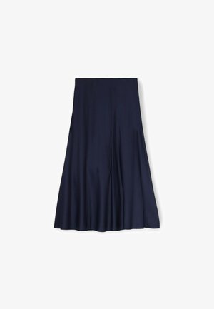 Jupe midi bleu marine en tissu lisse, dotée d'un design évasé avec une taille propre. La texture est douce, sans motifs ou embellissements visibles.