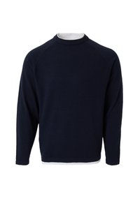 Maglione blu navy realizzato in tessuto testurizzato, dotato di collo rotondo e maniche lunghe a raglan. Design semplice con orlo dritto.