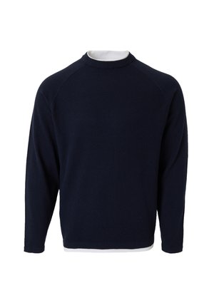 Suéter azul marino hecho de tela texturizada, con cuello redondo y mangas largas tipo raglán. Diseño liso con un dobladillo recto.