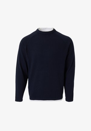 Maglione blu navy realizzato in tessuto testurizzato, dotato di collo rotondo e maniche lunghe a raglan. Design semplice con orlo dritto.