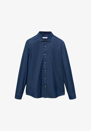 Katonica s dugim rukavima u tamnoplavoj boji, izrađena od pamuka, s oštrim ovratnikom, punim dugmadima sprijeda i manžetama na jednom dugmetu s ravnim rubom.