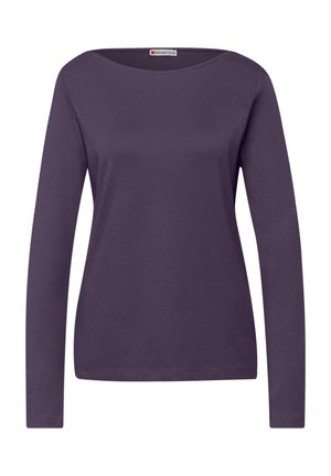 Haut violet à manches longues en tissu lisse, avec un col large et une coupe droite aux bords simples.