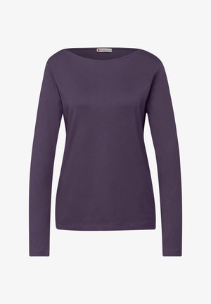 Fialový top s dlouhým rukávem z hladké látky, s širokým výstřihem a rovný střihem s čistými okraji.