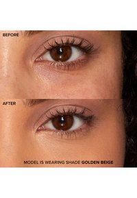 Before and after images focus on an eye, showcasing eyelashes and skin texture. The after image features a makeup shade labeled "Golden Beige."