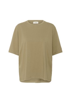 Olijfgroene katoen t-shirt met korte mouwen, een ronde halslijn, een relaxed fit en een subtiele logo-detail op de mouw. Gladde textuur.