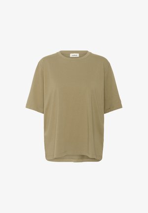 Õlivärvi lühikeste varrukatega puuvillane T-särk, ümmarguse kaelusega, mugsas istuvus ja diskreetne logodetail varrukal. Sile tekstuur.