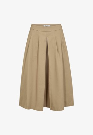 Jupe plissée beige avec un large ourlet et une taille ajustée. Fabriquée en tissu léger, elle présente une texture subtile et des lignes épurées.