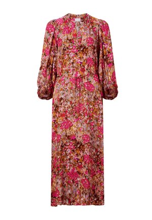 Long, floral dress with puffy sleeves featuring vibrant pink and brown hues, cinched at the waist with a tie. Elegant and casual design.