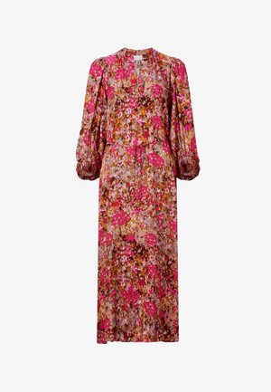 Long, floral dress with puffy sleeves featuring vibrant pink and brown hues, cinched at the waist with a tie. Elegant and casual design.