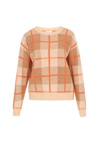 Geverfde trui in zachte stof met een patroon in beige en bruin met oranje accenten en een ronde hals. Lange mouwen.
