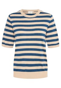 Beżowy i granatowy poziomo paskowany krótki sweter z odstawnym rękawem, okrągłym dekoltem oraz prążkowanymi mankietami i dolną krawędzią.