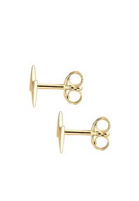 Cufflinks aus goldfarbenem Metall mit einem Doppelkreisdesign und einem schlanken, spitzen Akzent. Glatte Textur und polierte Oberfläche.