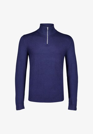 Maglione pullover a maniche lunghe blu navy con collo a mezza zip, polsini e orlo a coste, mostrato su uno sfondo bianco neutro.