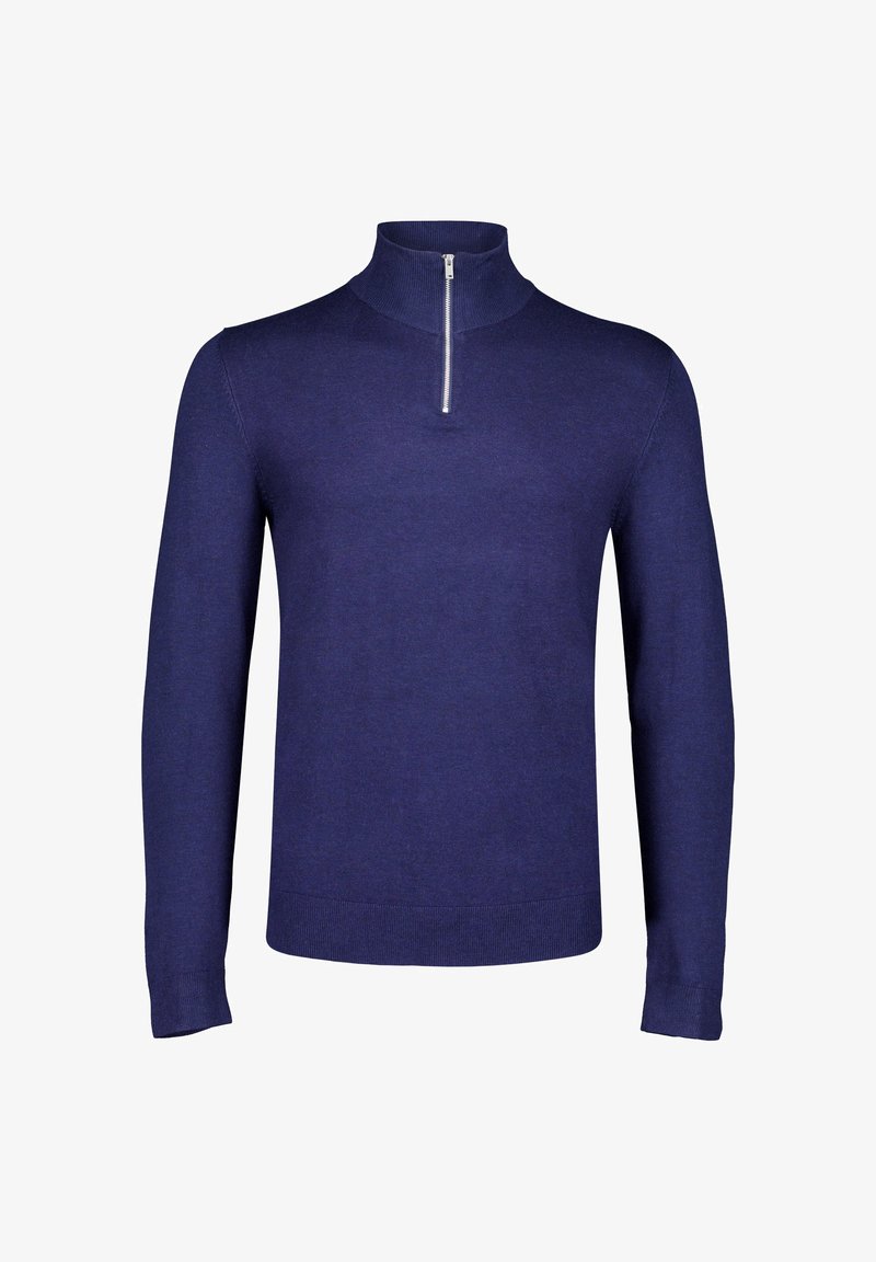 Maglione pullover a maniche lunghe blu navy con collo a mezza zip, polsini e orlo a coste, mostrato su uno sfondo bianco neutro.