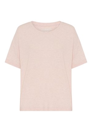 Maglietta in cotone rosa chiaro a maniche corte con scollo tondo e texture sottile, con etichetta Copenhagen Studios all'interno del colletto.