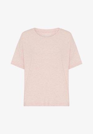 Šviesiai rožinė trumpomis rankovėmis medvilninė marškinėliai su apvalia iškirpte ir subtilia tekstūra, žymima "Copenhagen Studios" vidinėje apykaklės pusėje.