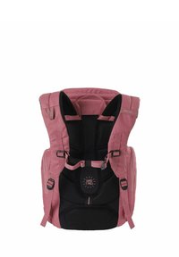 Mochila portabebés en rosa y negro con correas de hombro acolchadas, tela de malla transpirable y hebillas ajustables con detalle de texto "Buenos Momentos".