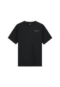 Zwarte katoenen t-shirt met ronde hals, korte mouwen en een klein wit 'TOMORROWLAND' logo op de linker borst. Eenvoudig ontwerp, geen patronen.