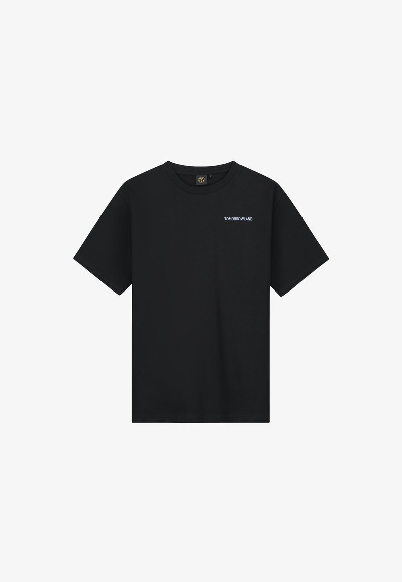 Schwarz Baumwoll-T-Shirt mit Rundhalsausschnitt, kurzen Ärmeln und einem kleinen weißen 'TOMORROWLAND'-Logo auf der linken Brust. Schlichte Gestaltung, keine Muster.