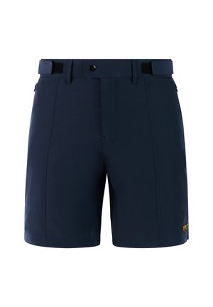 Navyblauwe korte broek gemaakt van lichtgewicht materiaal met een vlakke voorkant, riemlussen, rits- en knoopsluiting, en een klein merkpatch op het been.