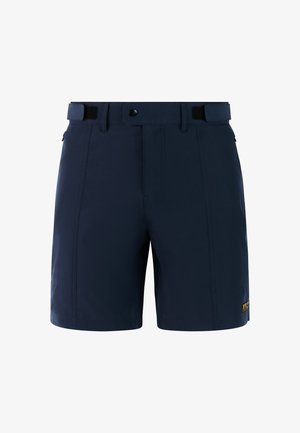 Marineblaue Shorts aus leichtem Material mit flacher Front, Gürtelschlaufen, Reißverschluss- und Knopfverschluss sowie einem kleinen Markenpatch am Bein.