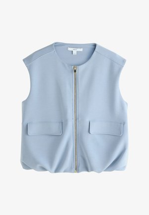 Világoskék ujjatlan mellény arany színű elülső cipzárral és két zsebfedővel, kerek nyakkivágással és puha anyagtextúrával.