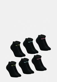 Chaussettes noires aux chevilles avec des logos contrastants en jaune, bleu, vert et rose. Six paires présentées, tissu lisse, design standard.