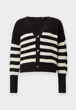 Mustast kudumist kardigan valgete horisontaalsete triipudega, kolme ees oleva nupu, sügava V-kaeluse ja pikkade varrukatega, mille mansetid on soonitud.