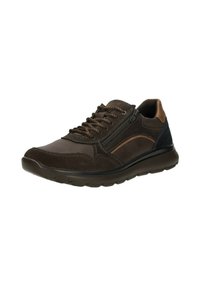 Bruine leren sneakers met een gladde afwerking, gestructureerde accenten, een ronde neus, vetersluiting en subtiele contrasterende stiksels.