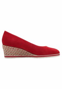 Červené semišové wedge boty s tkaným designem z juty. Mají uzavřenou špičku a strukturovaný vzorovaný klínový podpatek. Bílá gumová podrážka.