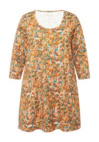 Blumenmusterkleid in Orange-, Braun- und Türkistönen. Mit Rundhalsausschnitt und Dreiviertelärmeln, aus weichem Stoff gefertigt.
