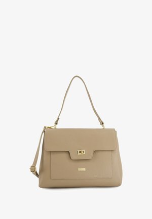 Beige leather handbag with a rectangular shape, featuring a flap closure, gold hardware, and a detachable shoulder strap. Textured surface.