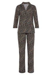 Zwart pyjama set met chevronpatroon, bestaande uit een geknoopte top met kraag en bijpassende rechte pijpen. Zacht stof met een gladde textuur.