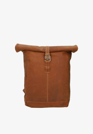 Brown leather roll-top backpack with silver buckle closure and visible stitching, viewed from the front against white background.