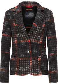 Villakangassekoitus ruudullinen bleiseri, jossa on tummanvihreitä, harmaita ja punaisia värejä, teräväkärkiset kaulukset, kaksi etutaskua ja yksittäinen napitus.