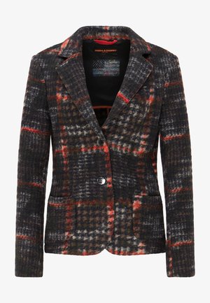 Wool-blend plaid blazer featuring dark green, gray, and red colors, peak lapels, two front pockets, and a single button closure.