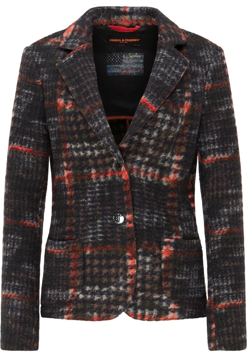 Villakangassekoitus ruudullinen bleiseri, jossa on tummanvihreitä, harmaita ja punaisia värejä, teräväkärkiset kaulukset, kaksi etutaskua ja yksittäinen napitus.