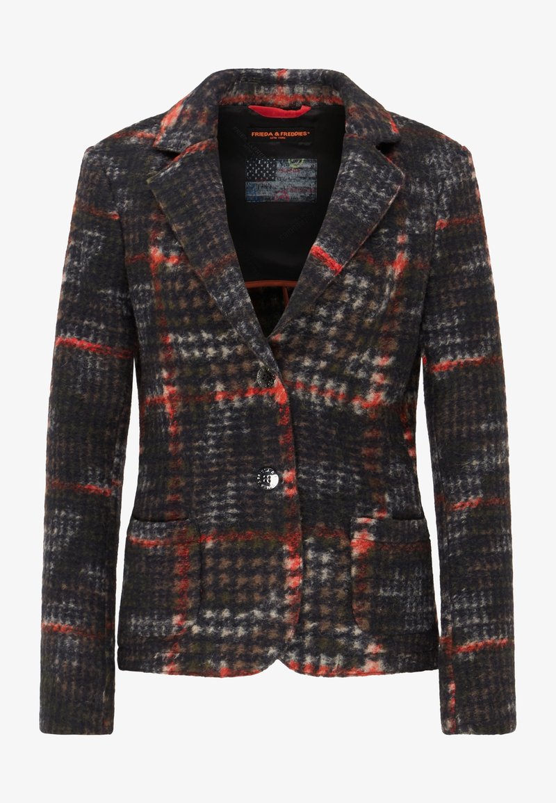 Villakangassekoitus ruudullinen bleiseri, jossa on tummanvihreitä, harmaita ja punaisia värejä, teräväkärkiset kaulukset, kaksi etutaskua ja yksittäinen napitus.