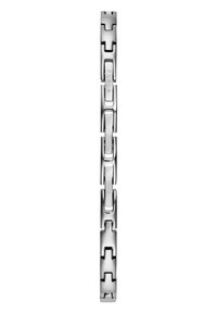Bracelet en métal argenté avec des formes géométriques liées, présentant une finition polie et une gravure de la marque "FURLA".