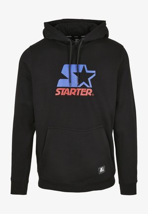 Fekete kapucnis pulóver pamut keverékből, nagy kék és piros "STARTER" logóval, elülső zsebbel és állítható kapuccsal. Klasszikus dizájn.