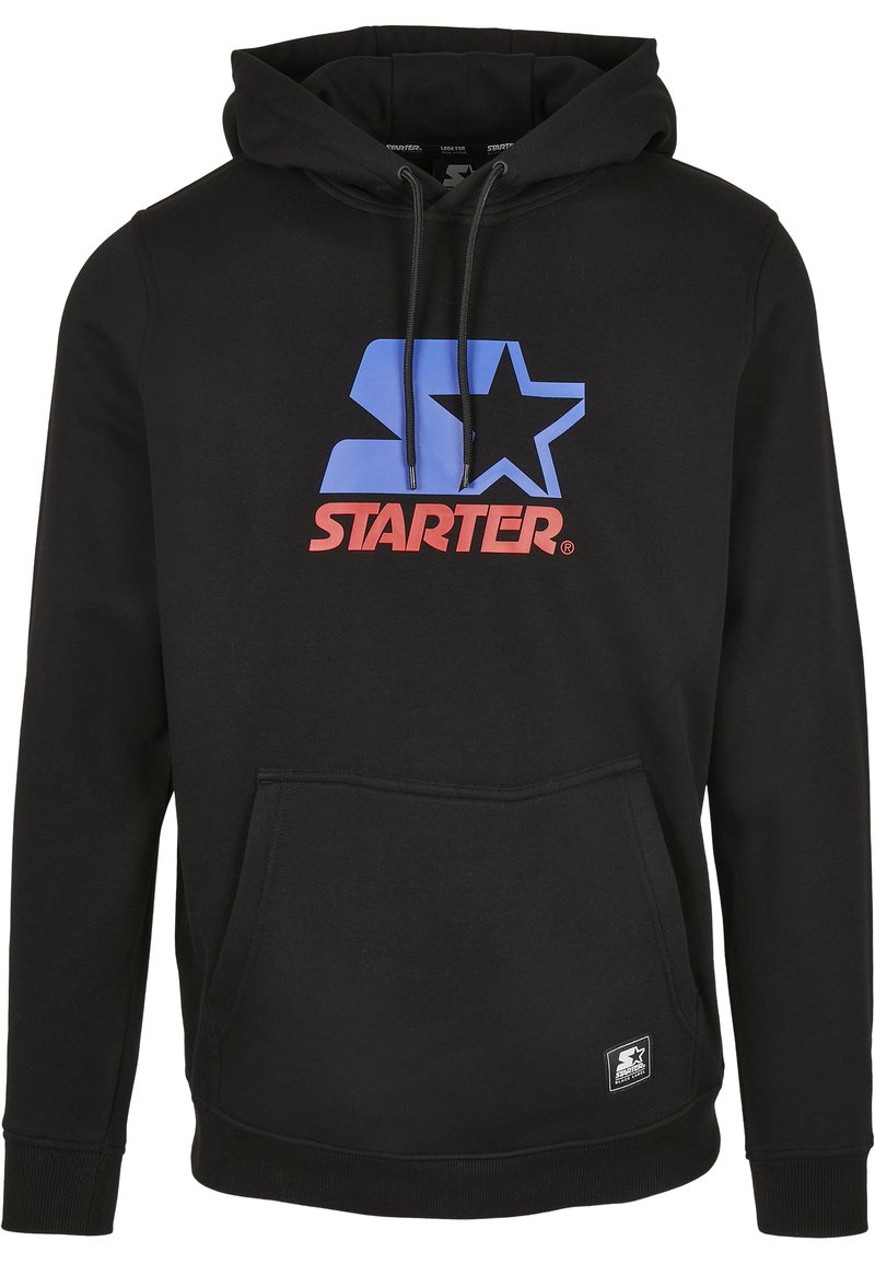 Sort hættebluse lavet af bomuldsblanding, med et stort blåt og rødt "STARTER" logo, forlomme og snørresnor til hætten. Klassisk design.