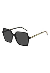 Mustat yliuurteiset neliösunglassit harmailla linsseillä. Niissä on kiiltävä muovikehys ja ohuet metalliset kultaiset yksityiskohdat temppeleissä.