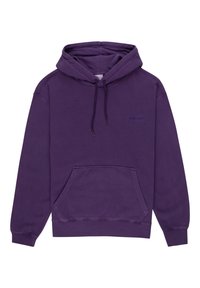 Sudadera de algodón morada con bolsillo frontal, capucha con cordón y puños acanalados. Presenta un pequeño logo en el área del pecho. Diseño simple y casual.