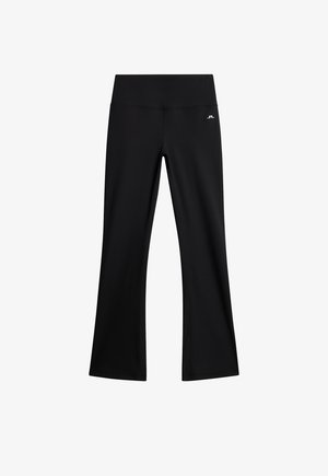 Zwarte hoge taille bootcut leggings met minimale stiksels en een klein wit logo op de bovenste linker dij.