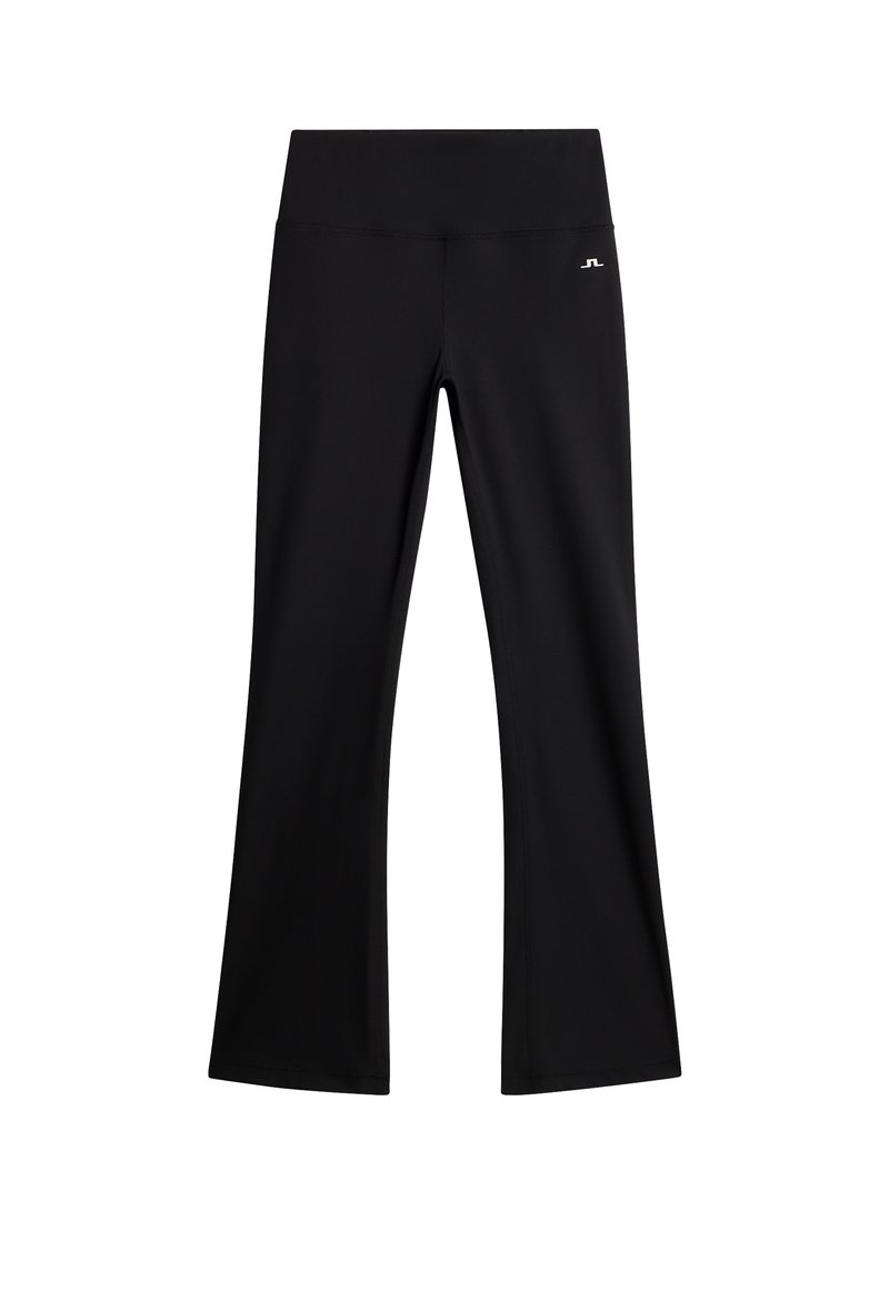 Svarta höga bootcut leggings med minimal sömnad och en liten vit logotyp på övre vänstra låret.